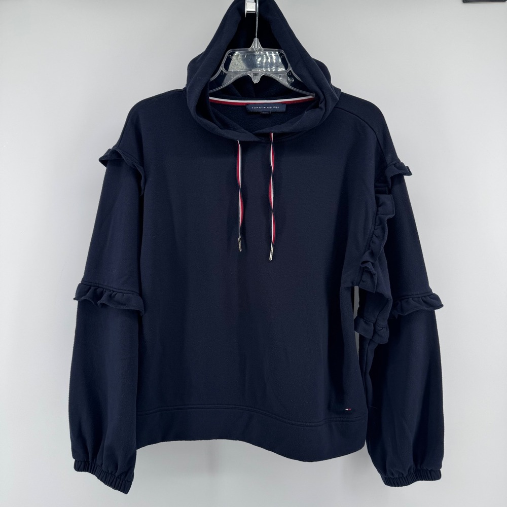 Tommy Hilfiger Hoodie Womens Medium Navy Blue Ruffle Sleeve Fleece Pullover